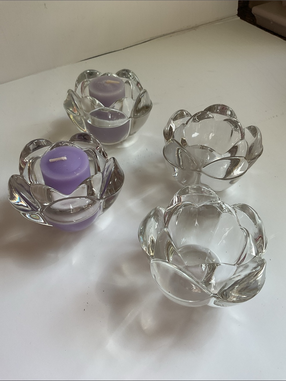 Lot of 4 Glass Lotus Tea Light Holders with Lavender votives
